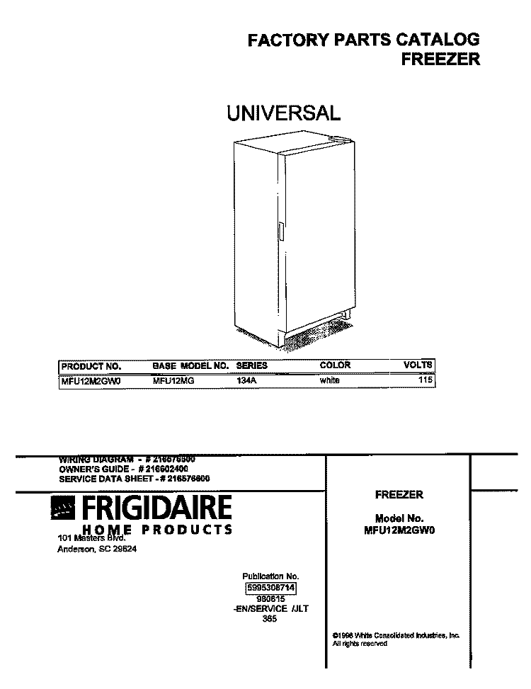 COVER Diagram and Parts List for MFU12M2GW0  Frigidaire Freezer