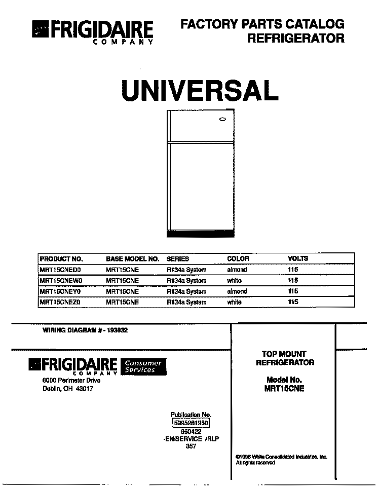 COVER Diagram and Parts List for MRT15CNEY0  Frigidaire Refrigerator