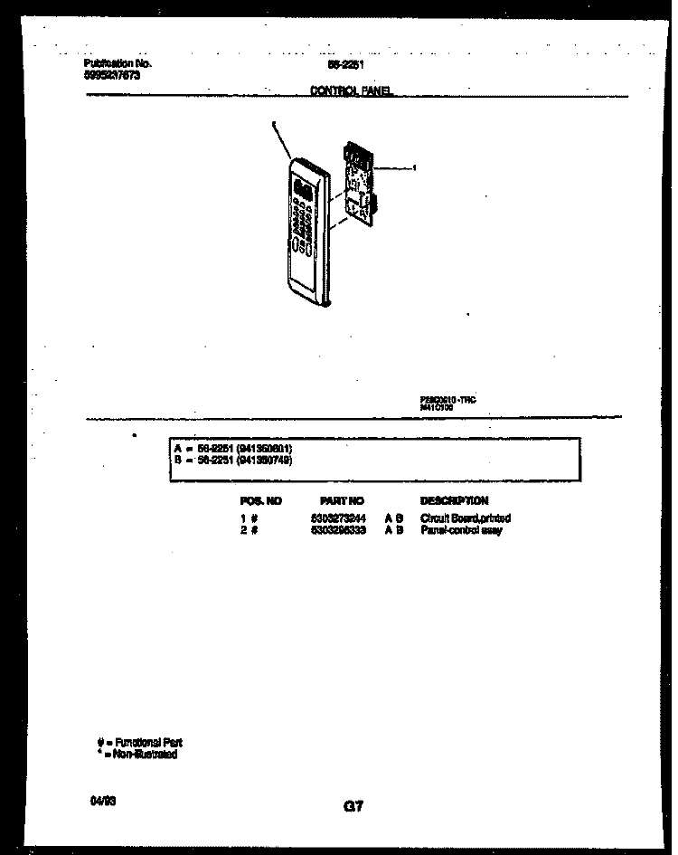 CONTROL PANEL Diagram and Parts List for 56-2251-10-03  Tappan Microwave
