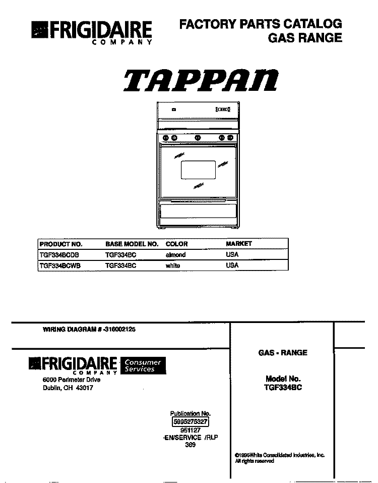 COVER Diagram and Parts List for TGF334BCDB  Tappan Range