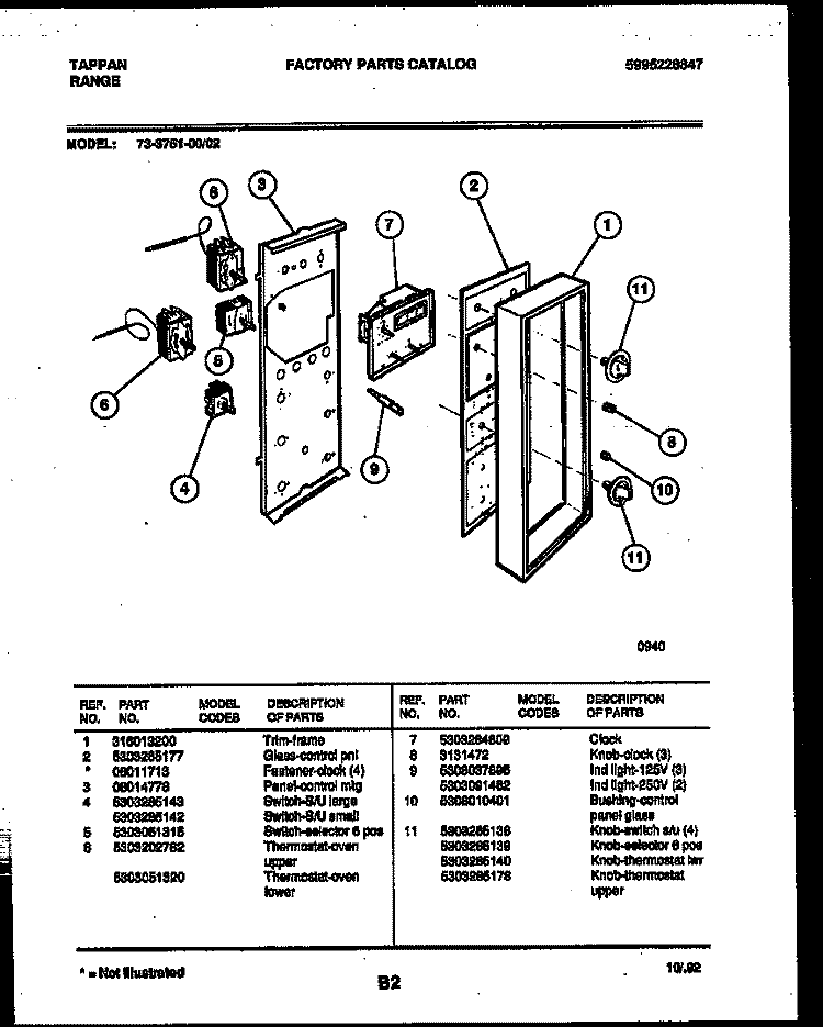 LOWER OVEN DOOR PARTS Diagram and Parts List for 73-3751-23-02  Tappan Range