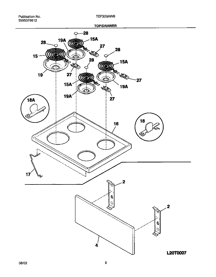 TOP / DRAWER Diagram and Parts List for TEF303AWB  Tappan Range