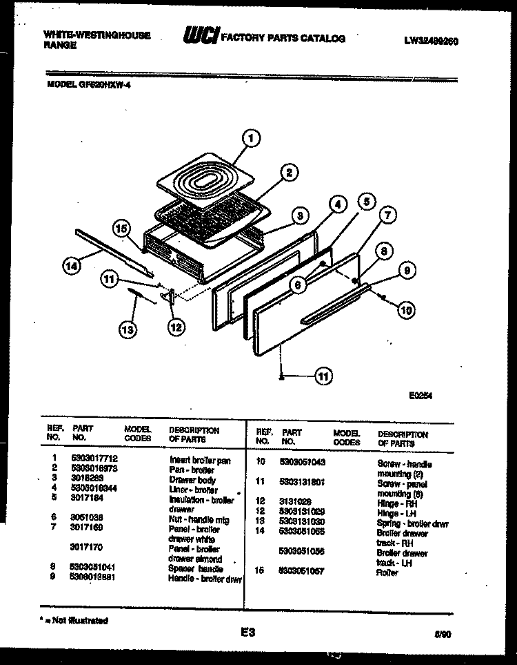 BROILER DRAWER PARTS Diagram and Parts List for GF620HXD4  Frigidaire Range