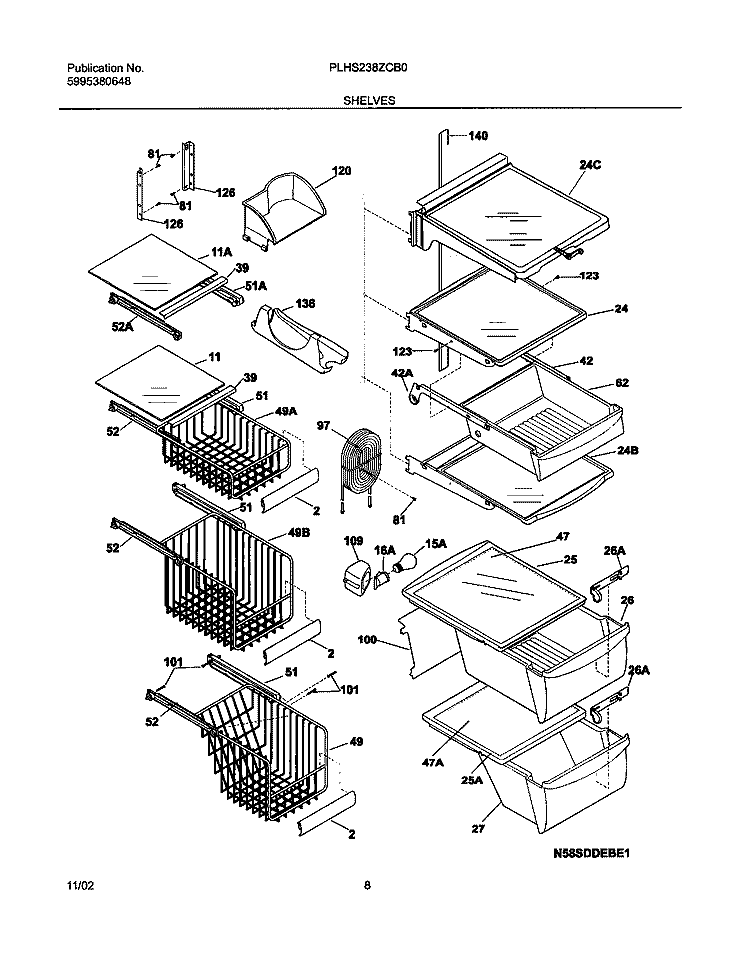 SHELVES Diagram and Parts List for PLHS238ZCB0  Frigidaire Refrigerator