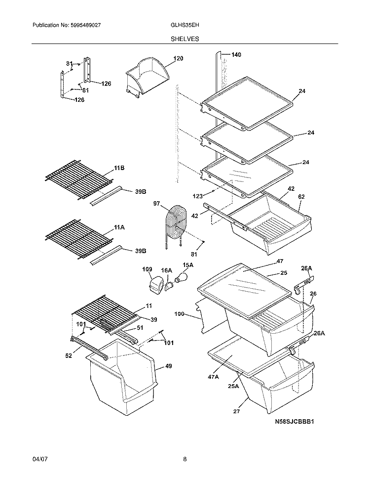 SHELVES Diagram and Parts List for GLHS35EHSB1  Frigidaire Refrigerator