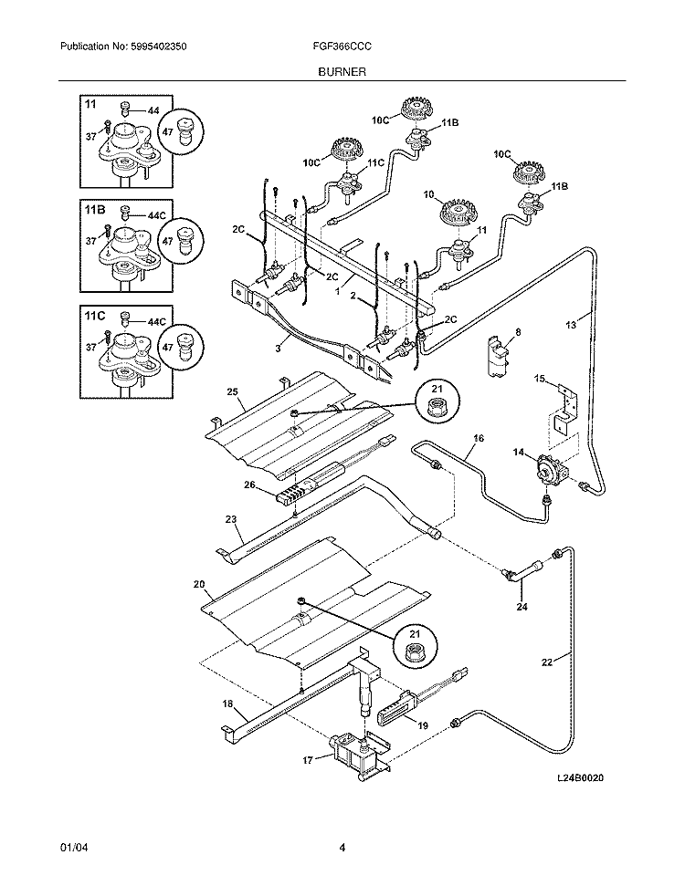 BURNER Diagram and Parts List for FGF366CCC  Frigidaire Range