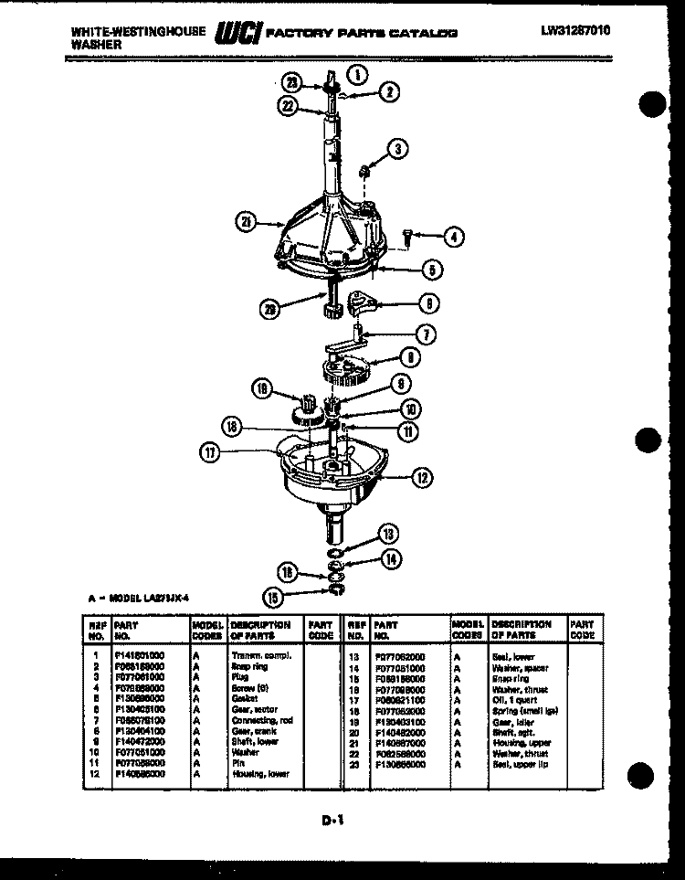 TRANSMISSION PARTS Diagram and Parts List for LA271JXW4  Frigidaire Washer