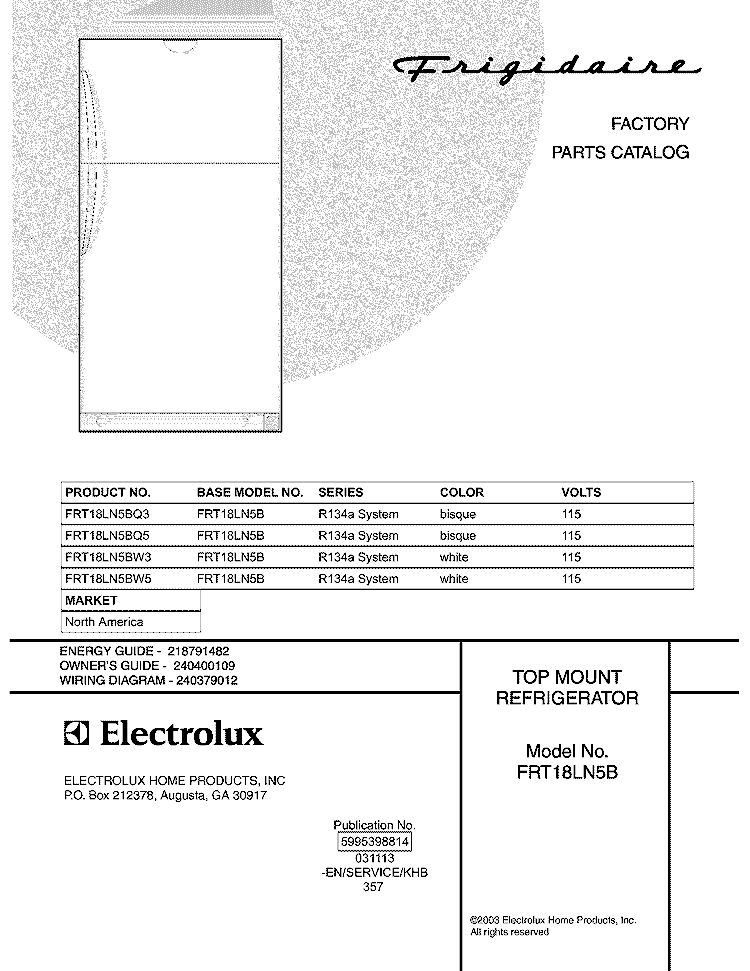 COVER Diagram and Parts List for FRT18LN5BQ3  Frigidaire Refrigerator