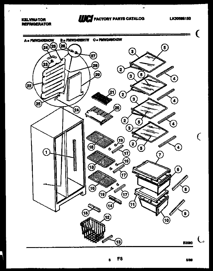 SHELVES AND SUPPORTS Diagram and Parts List for FMW240EN2W  Kelvinator Refrigerator