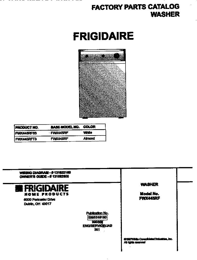 COVER Diagram and Parts List for FWX445RFT3  Frigidaire Washer