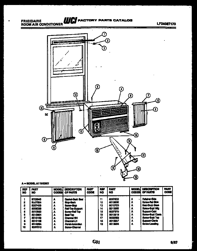 WINDOW MOUNTING PARTS Diagram and Parts List for A11ME5E1  Frigidaire Air Conditioner