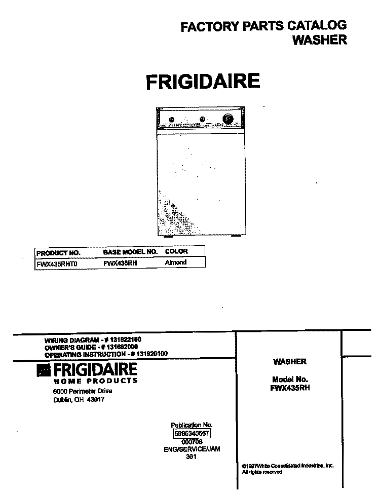 COVER Diagram and Parts List for FWX435RHT0  Frigidaire Washer