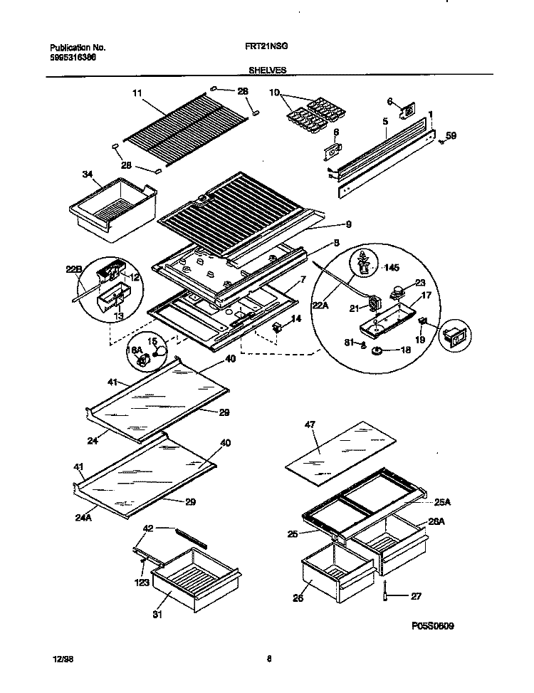 SHELVES Diagram and Parts List for FRT21NSGD2  Frigidaire Refrigerator