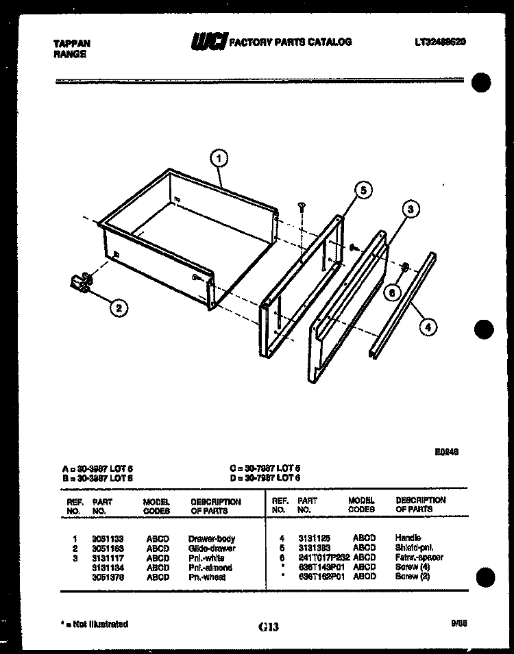 DRAWER PARTS Diagram and Parts List for 30-3987-23-06  Tappan Range