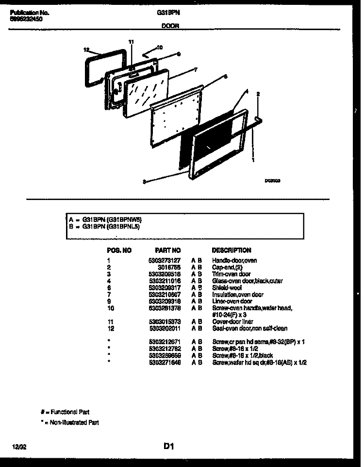 DOOR PARTS Diagram and Parts List for G31BPNL5  Frigidaire Range