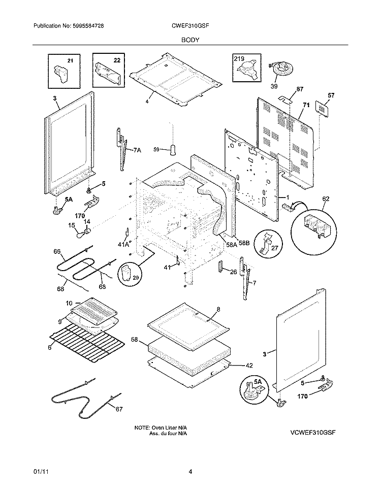 BODY Diagram and Parts List for CWEF310GSF  Westinghouse Range