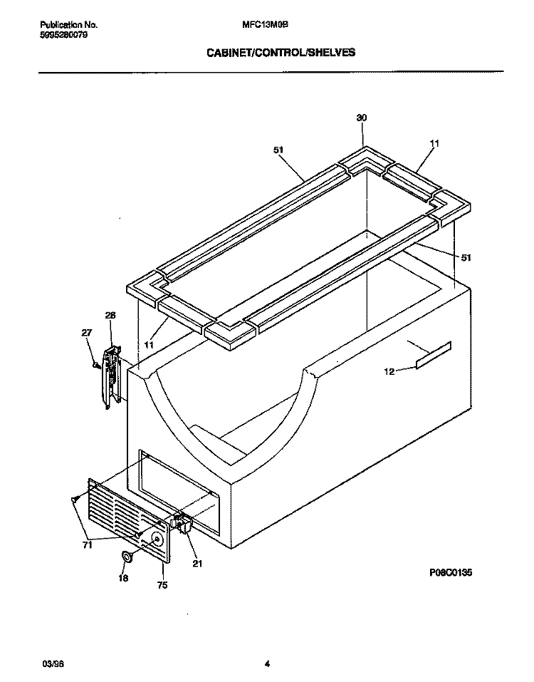 CABINET / CONTROL / SHELVES Diagram and Parts List for MFC13M0BW2  Frigidaire Freezer