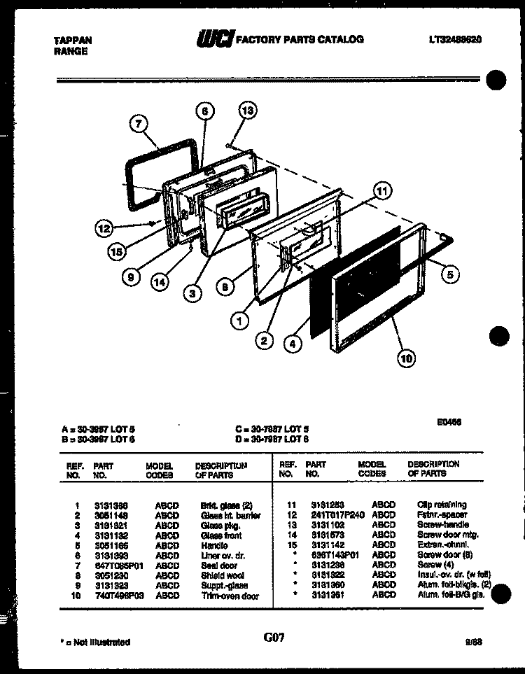 DOOR PARTS Diagram and Parts List for 30-3987-23-06  Tappan Range