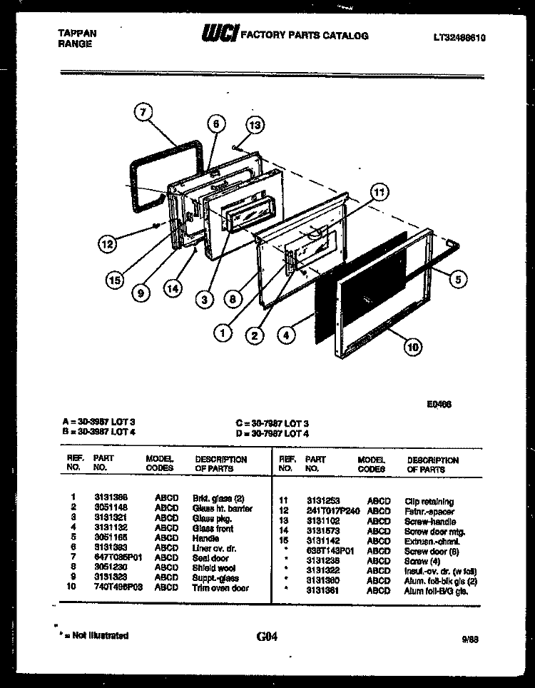 DOOR PARTS Diagram and Parts List for 30-3987-23-04  Tappan Range
