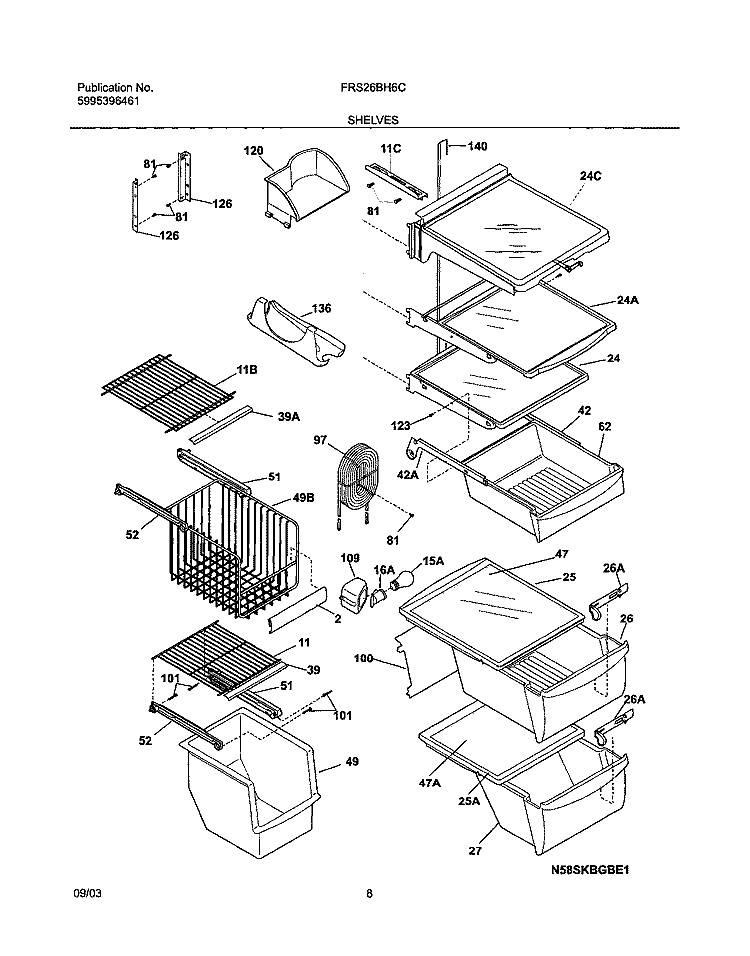 SHELVES Diagram and Parts List for FRS26BH6CW2  Frigidaire Refrigerator
