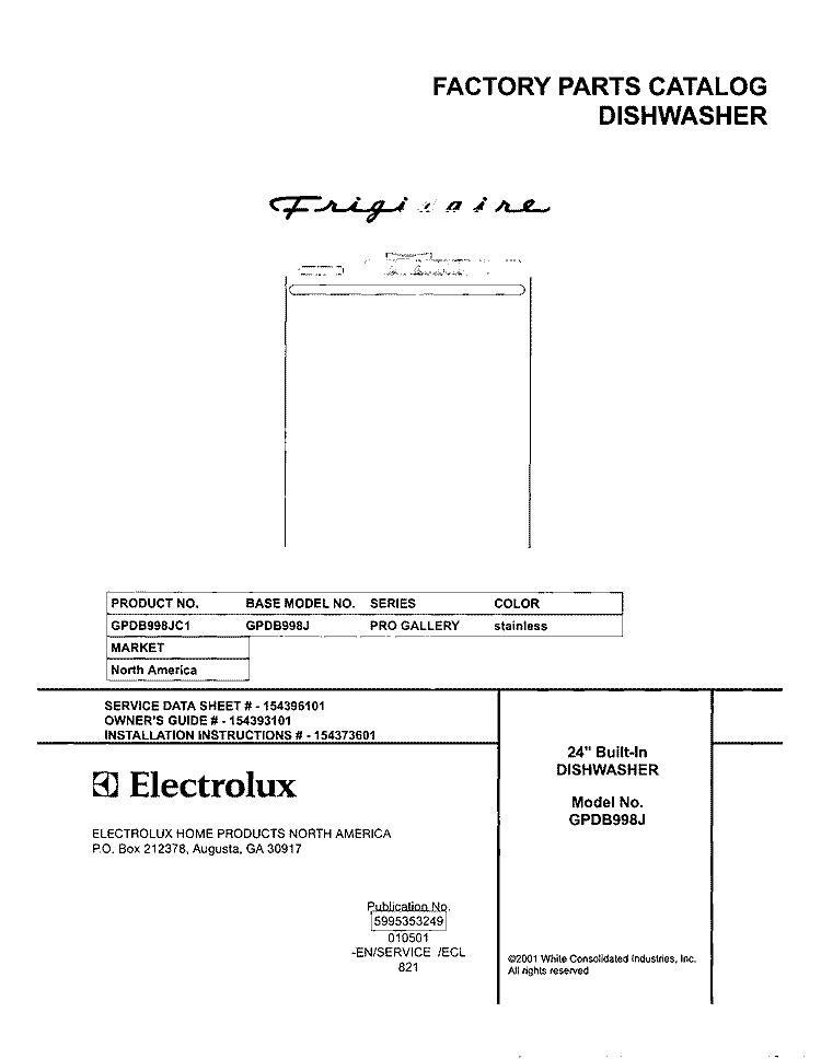 COVER Diagram and Parts List for GPDB998JC1  Frigidaire Dishwasher