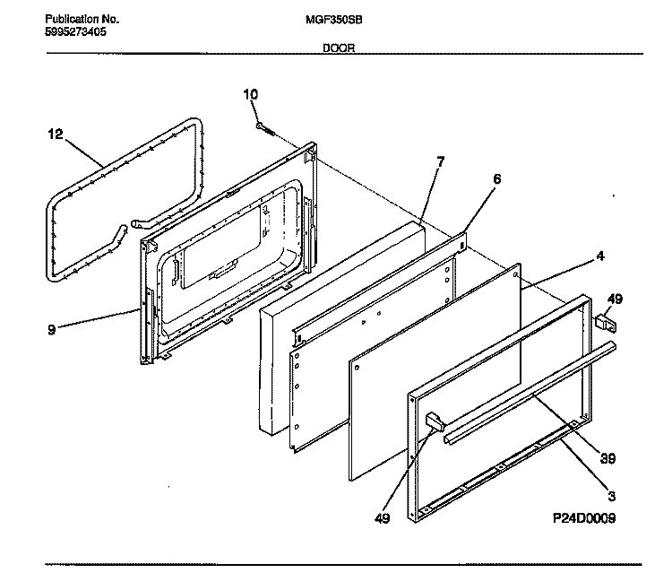 DOOR Diagram and Parts List for MGF350SBDB  Frigidaire Range