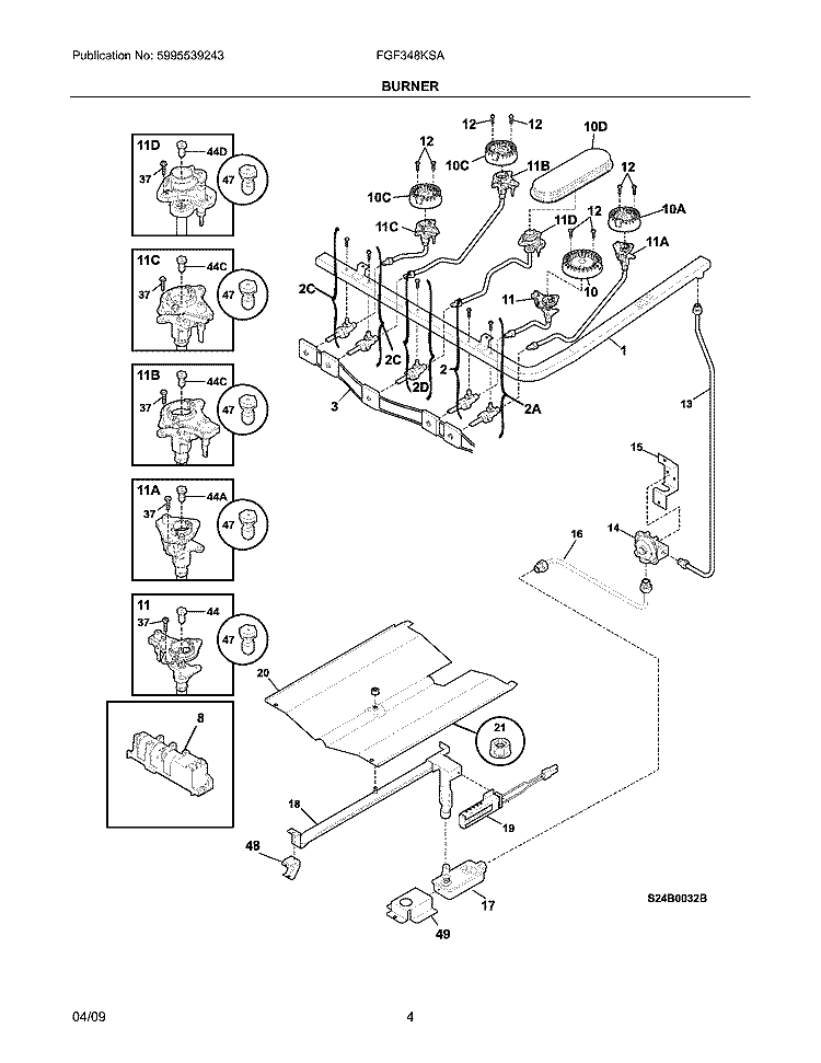 BURNER Diagram and Parts List for FGF348KSA  Frigidaire Range