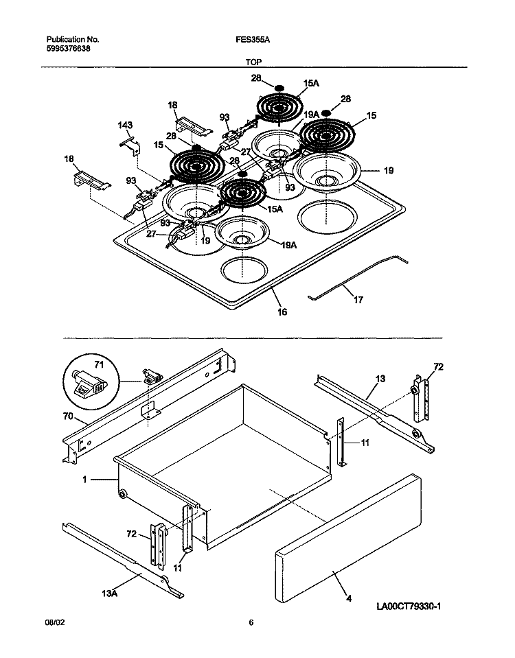 TOP / DRAWER Diagram and Parts List for FES355ASE  Frigidaire Range