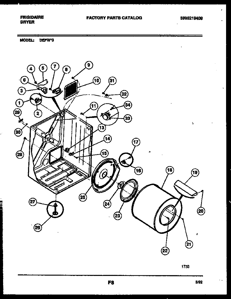 CABINET AND COMPONENT PARTS Diagram and Parts List for DEFW3  Frigidaire Dryer