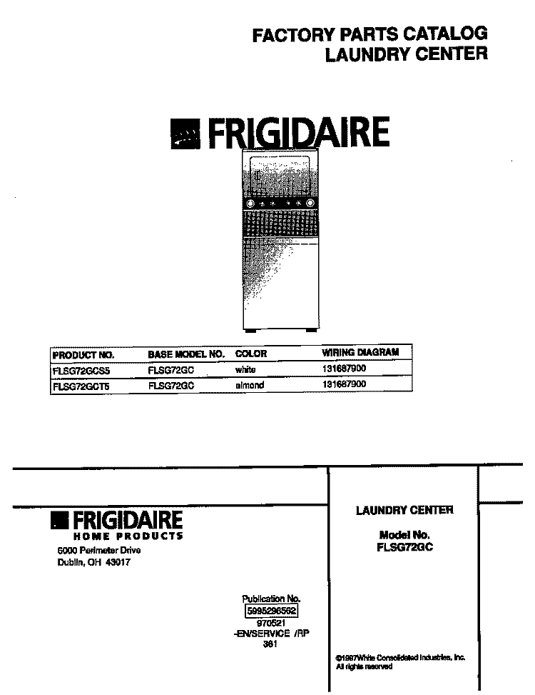 COVER Diagram and Parts List for FLSG72GCS5  Frigidaire Washer Dryer Combo