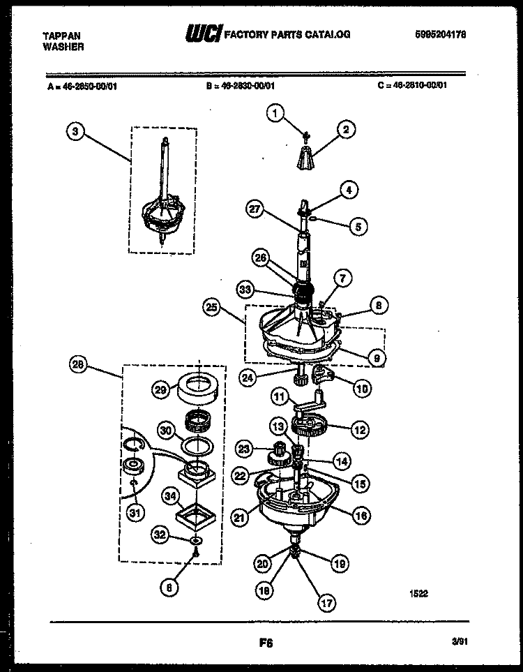 TRANSMISSION PARTS Diagram and Parts List for 46-2810-23-01  Tappan Washer