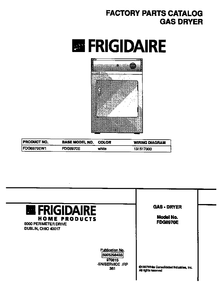 COVER Diagram and Parts List for FDG8970EW1  Frigidaire Dryer