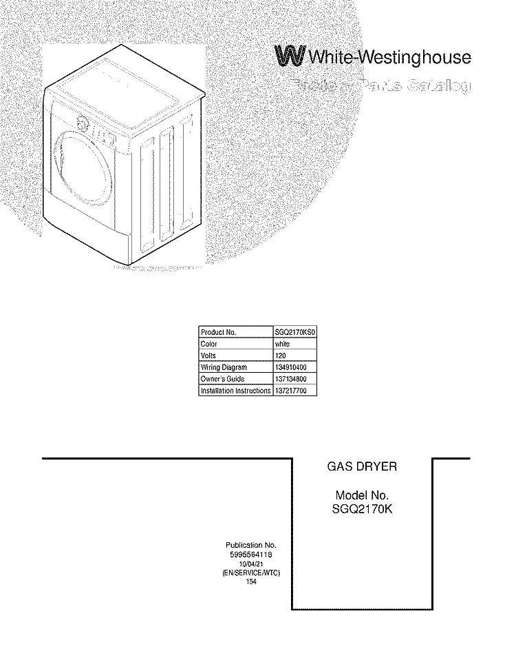 COVER Diagram and Parts List for SGQ2170KS0  Westinghouse Dryer