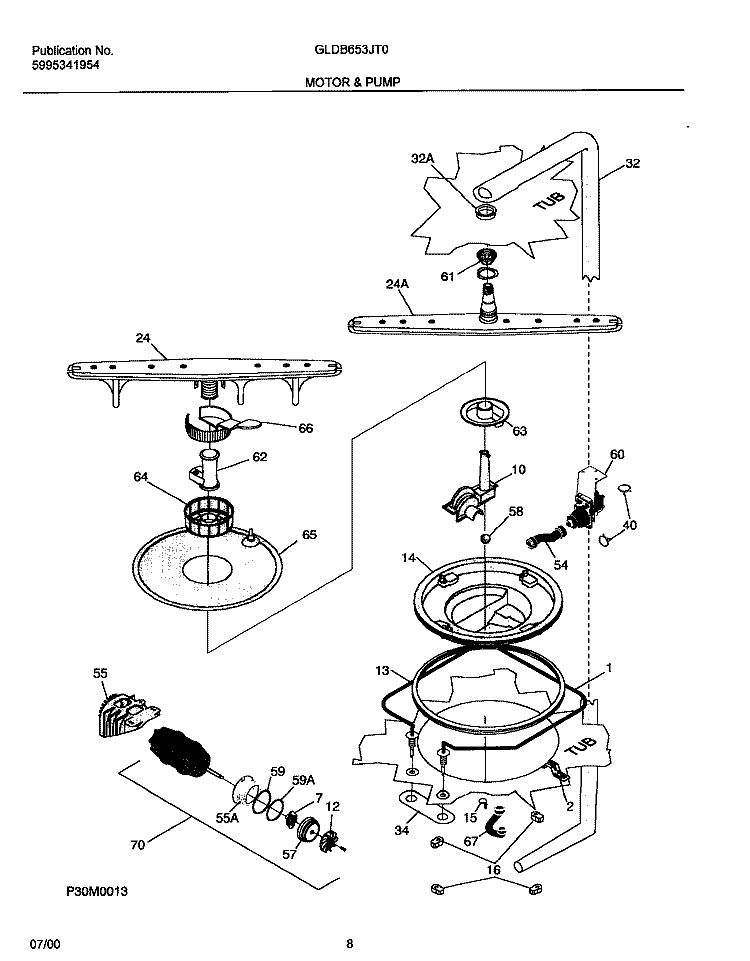 MOTOR AND PUMP Diagram and Parts List for GLDB653JT0  Frigidaire Dishwasher