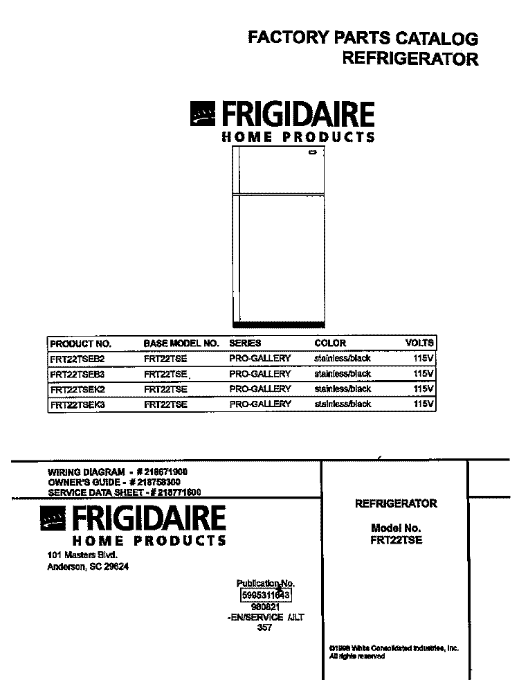 COVER Diagram and Parts List for FRT22TSEK2  Frigidaire Refrigerator