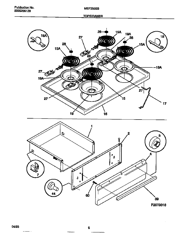 TOP / DRAWER Diagram and Parts List for MEF350SBDA  Frigidaire Range