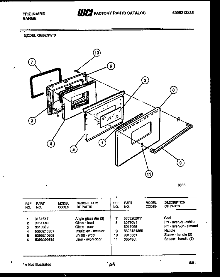 DOOR PARTS Diagram and Parts List for GG32NW3  Frigidaire Range
