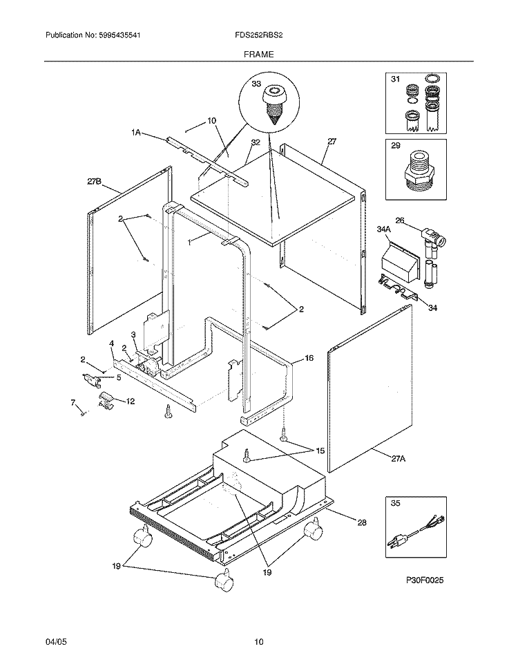 FRAME Diagram and Parts List for FDS252RBS2  Frigidaire Dishwasher