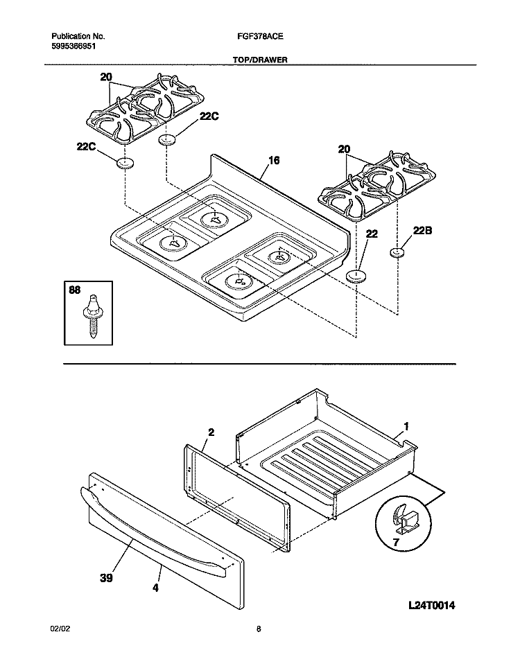 TOP / DRAWER Diagram and Parts List for FGF378ACE  Frigidaire Range
