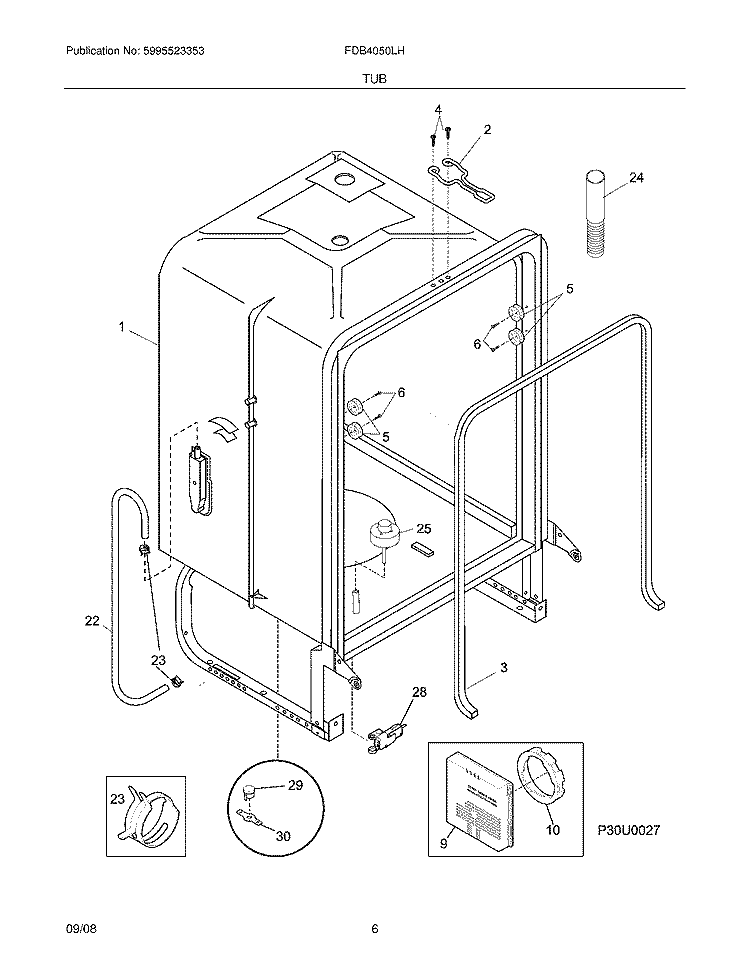TUB Diagram and Parts List for FDB4050LHC1  Frigidaire Dishwasher
