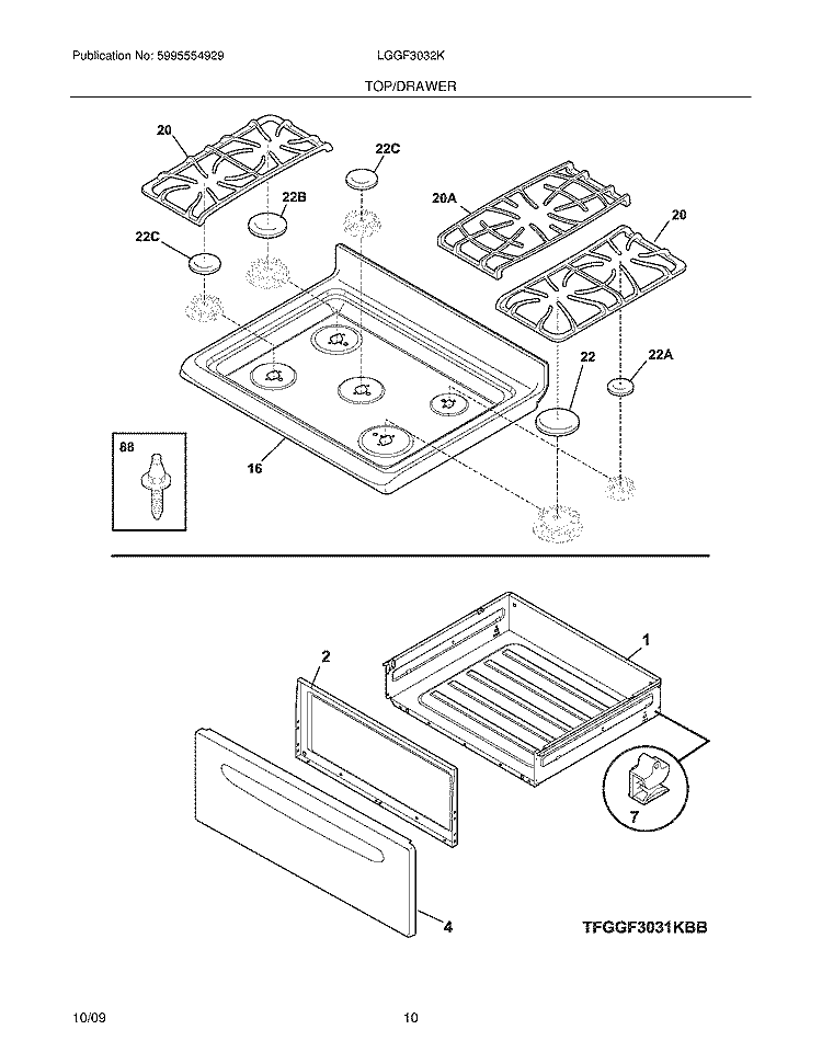 TOP/DRAWER Diagram and Parts List for LGGF3032KWD  Frigidaire Range