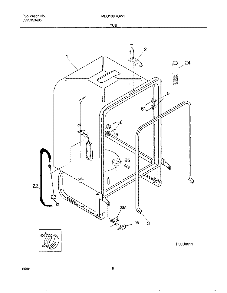 TUB Diagram and Parts List for MDB100RGW1  Uni Dishwasher