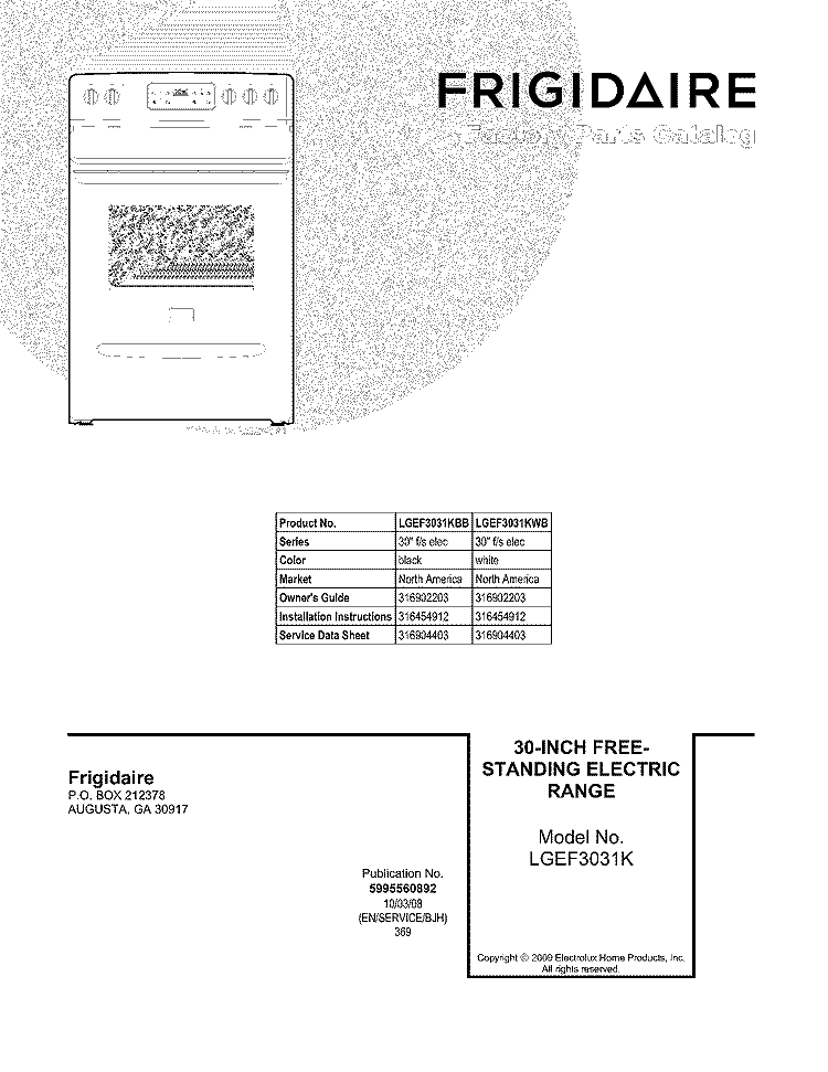 COVER Diagram and Parts List for LGEF3031KWB  Frigidaire Range