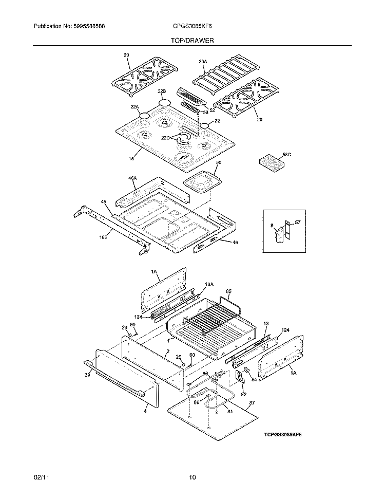 TOP/DRAWER Diagram and Parts List for CPGS3085KF6  Frigidaire Range