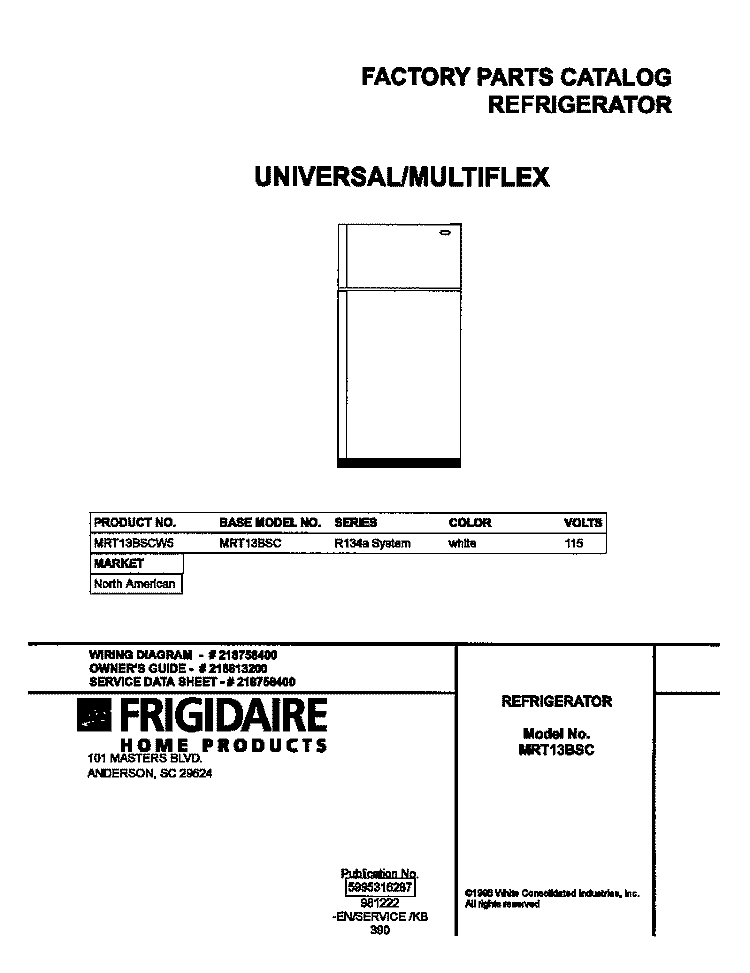COVER Diagram and Parts List for MRT13BSCW5  Frigidaire Refrigerator