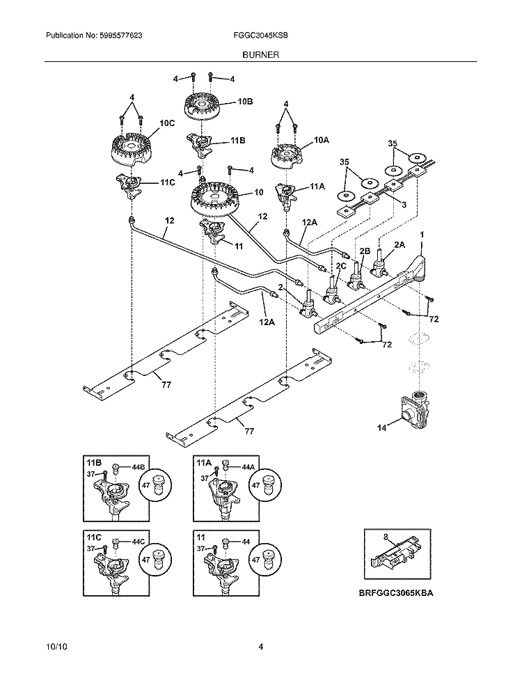BURNER Diagram and Parts List for FGGC3045KSB  Frigidaire Cooktop
