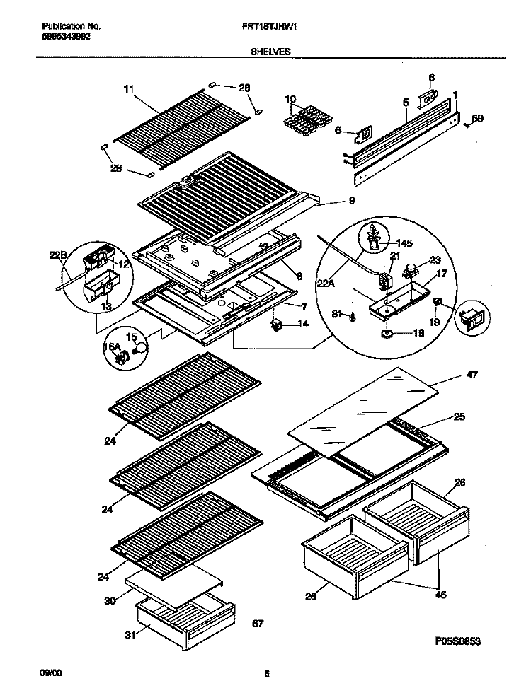 SHELVES Diagram and Parts List for FRT18TJHW1  Frigidaire Refrigerator