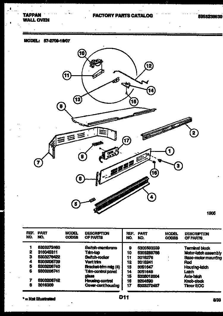 CONTROL PANEL Diagram and Parts List for 57-2709-00-07  Tappan Microwave Oven Combo