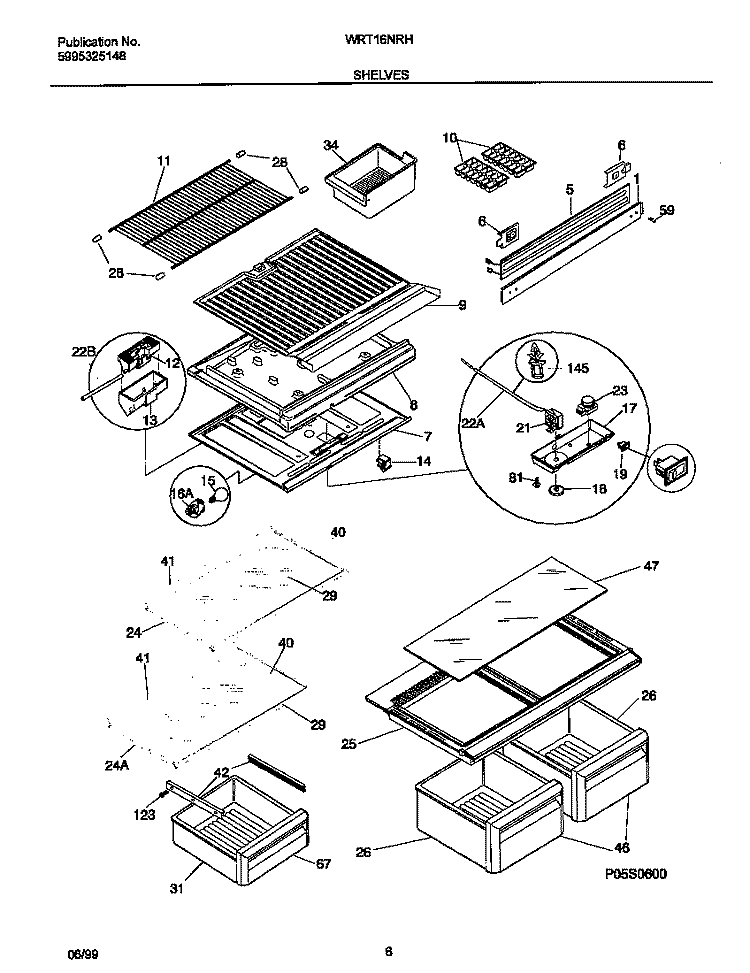 SHELVES Diagram and Parts List for WRT16NRHW0  Frigidaire Refrigerator