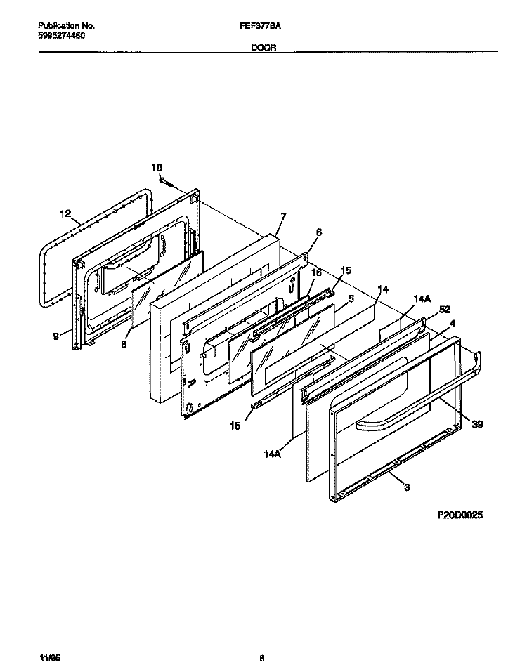 DOOR Diagram and Parts List for FEF377BADD  Frigidaire Range